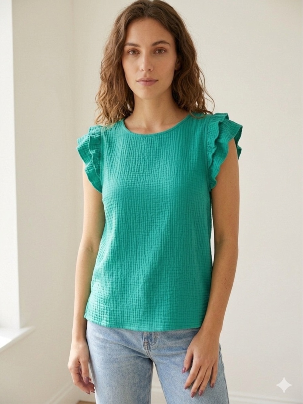 BiBi Teal V-Neck Ruffle Sleeve Blouse